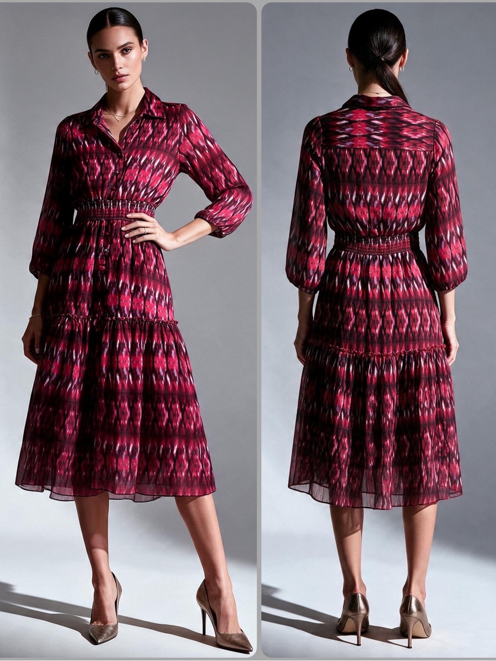Misa Los Angeles Patterned Elastic Waist Tiered Button Down Midi Dress $395